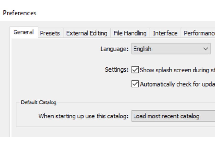 Default catalog settings under General tab in Lightroom